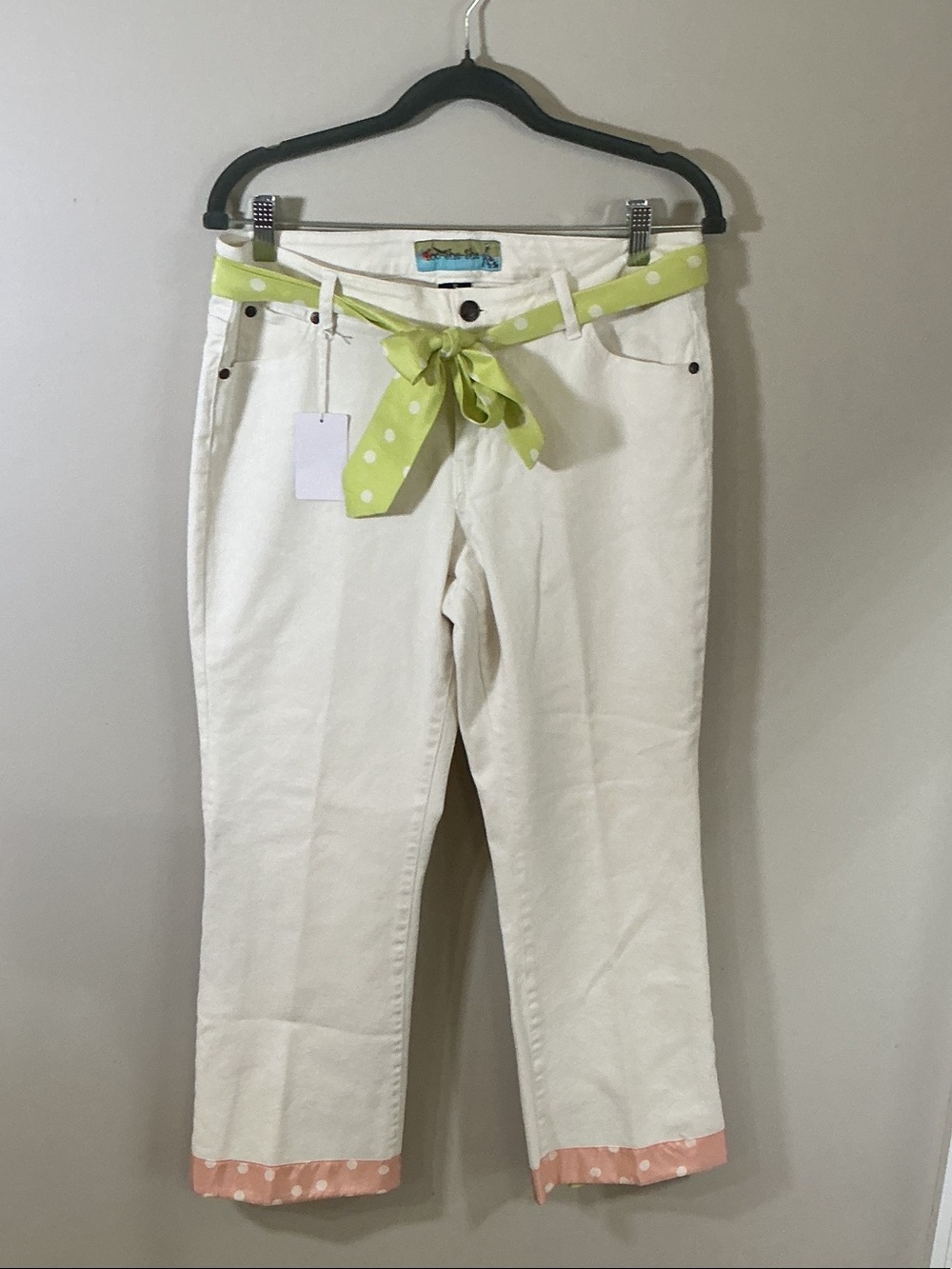 Too She She Off-White Cropped Pants w/ Polka Dot Trim & Bow | Size 12